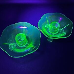 VTG Fostoria Uranium Glass Three Footed Candle Holders